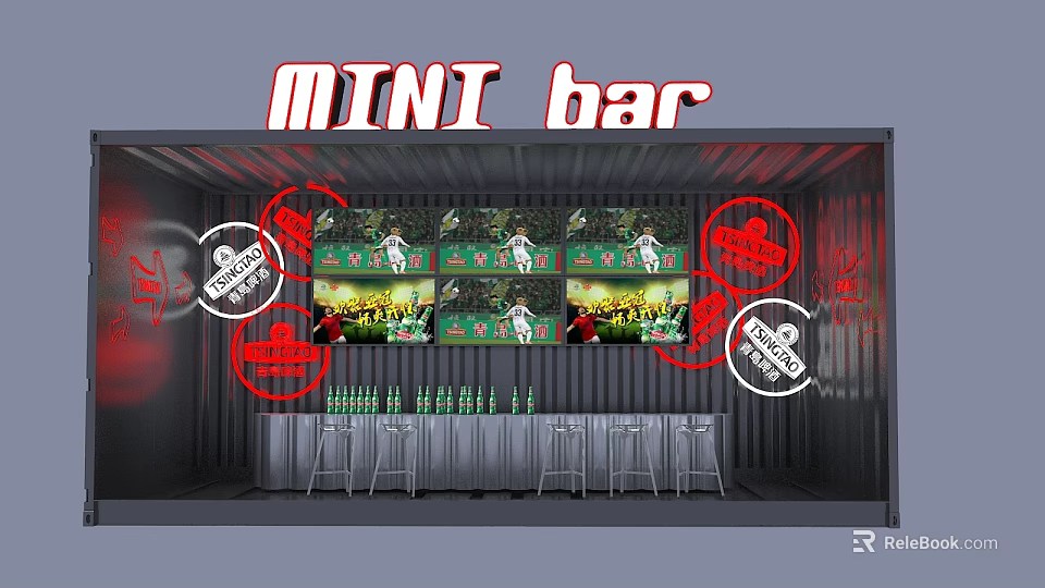 Mini Container Style Bar with Screen Displays Red Logos and Bar Stools 3d model 