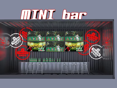 Mini Container Style Bar with Screen Displays Red Logos and Bar Stools 3d model