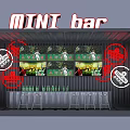 Mini Container Style Bar with Screen Displays Red Logos and Bar Stools