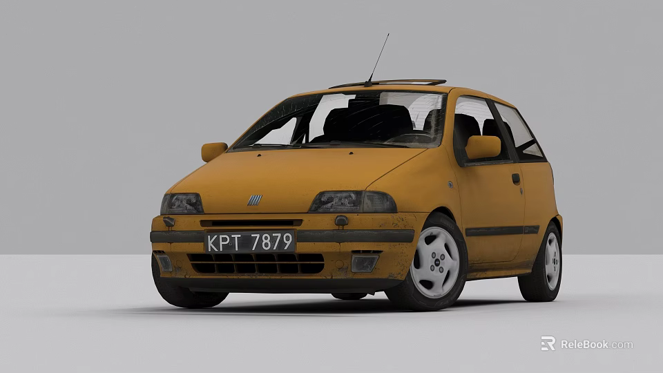 Yellow Compact Car With KPT 7879 License Plate Roof Antenna And Silver Alloy Wheels 3d model 
