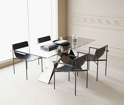 Modern Dining Table And Chairs Set With Glass Top Black Chairs White Walls And Windows 3d model