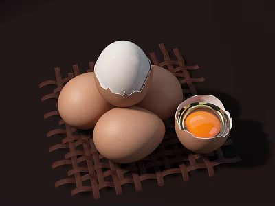 Cracked Egg With Yolk And Whole Eggs On Woven Mat Dark Background 3d model