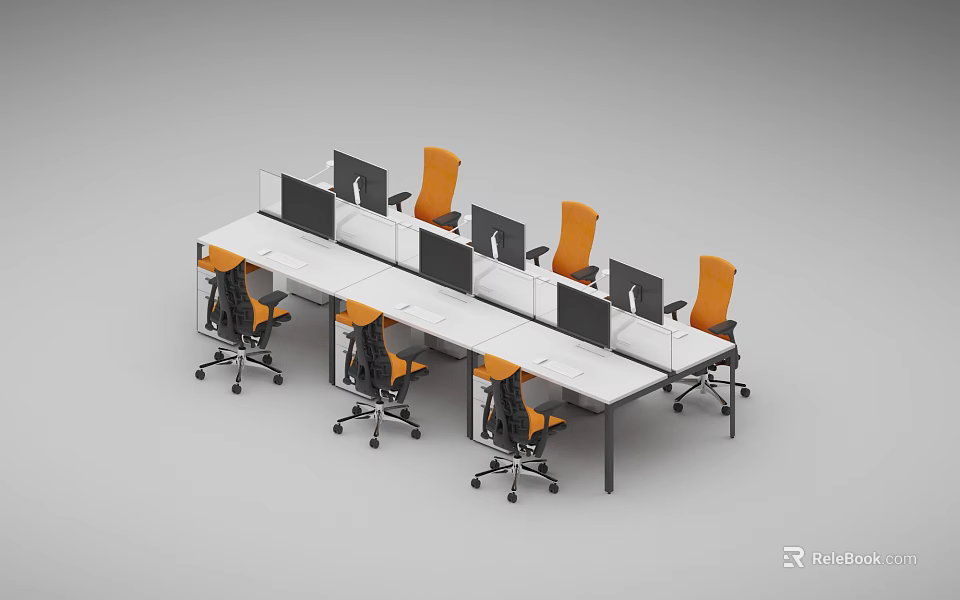 Modern Office Desk Setup With Multiple Workstations Computer Monitors And Orange Chairs 3d model 