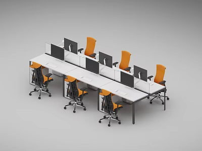 Modern Office Desk Setup With Multiple Workstations Computer Monitors And Orange Chairs 3d model