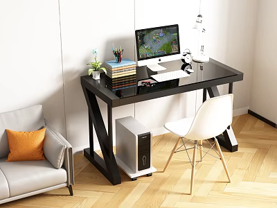 Black Glass Desk With Computer Monitor Books Lamp Plant And White Chair 3d model