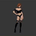 Red haired woman in black off-shoulder top black shorts thigh-high socks boots against gray background