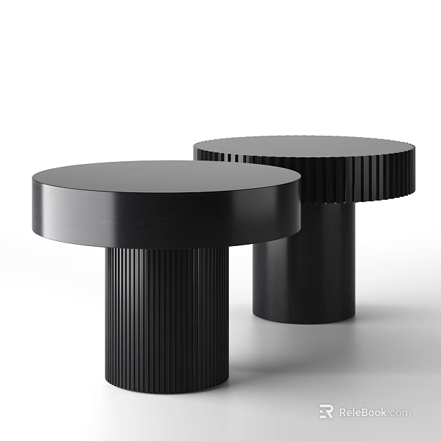 Modern Black Round Coffee Tables With Ribbed Cylindrical Bases And Sleek Surface Design 3d model 