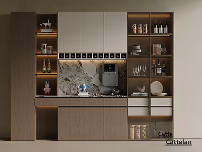 Elegant Modern Kitchen Interior With Wooden Cabinets Marble Counter And Display Shelves 3d model