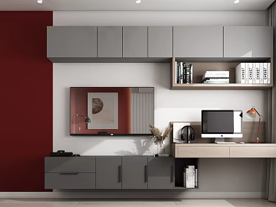 Modern Home Office Desk With Gray Wall Cabinets Bookshelf And Computer Setup 3d model