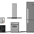 Modern Kitchen Appliances Including Microwave Range Hood Oven Stove And Refrigerator