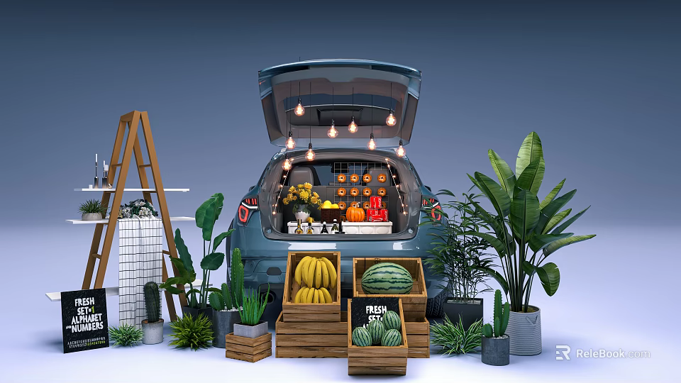 Car Trunk Market Display With Fresh Fruits Plants And Wooden Crates 3d model 