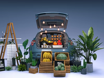 Car Trunk Market Display With Fresh Fruits Plants And Wooden Crates 3d model