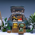 Car Trunk Market Display With Fresh Fruits Plants And Wooden Crates