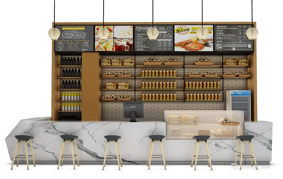 Modern Bar Counter With Marble Top High Stools Menu Boards And Beverage Shelves 3d model 
