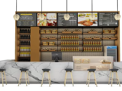 Modern Bar Counter With Marble Top High Stools Menu Boards And Beverage Shelves 3d model