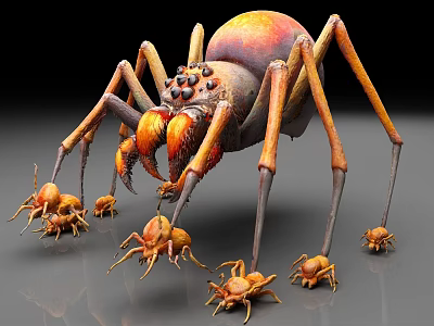 Large Colorful Reptile With Small Juveniles On Smooth Gray Surface 3d model