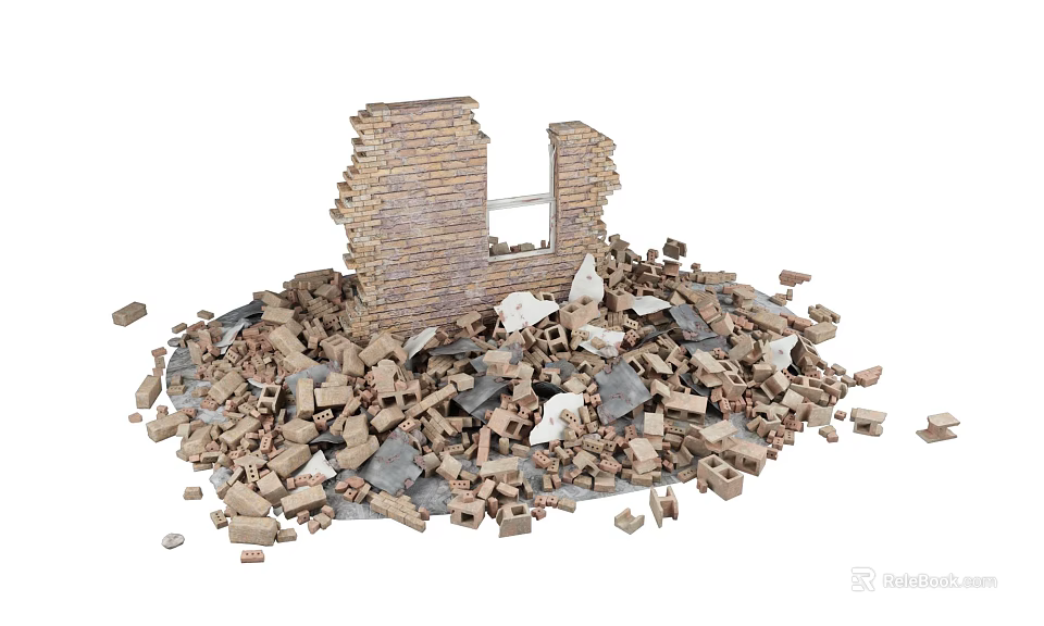 Collapsed Brick Wall with Broken Structure Surrounded by Scattered Rubble and Debris 3d model 