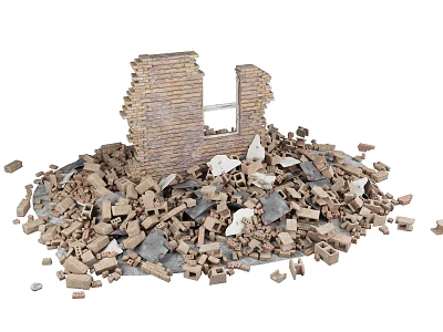 Collapsed Brick Wall with Broken Structure Surrounded by Scattered Rubble and Debris 3d model