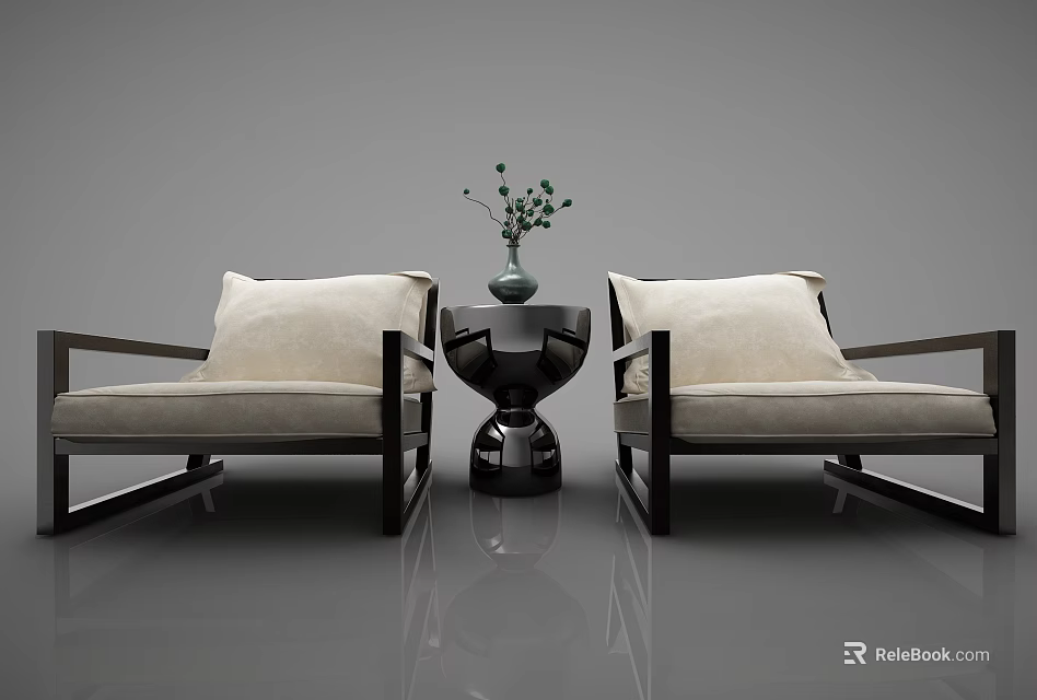 Modern Leisure Sofa Set With Two Sofas Light Cushions Side Table Vase And Green Plants 3d model