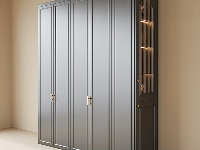 Modern Dark Gray Wardrobe Design With Brass Handles And Lighted Side Shelves 3d model