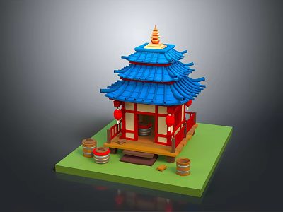 Cartoon Chinese Pagoda Scene With Blue Roof Red Pillars Golden Spire Wooden Barrels And Green Platform 3d model