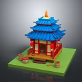Cartoon Chinese Pagoda Scene With Blue Roof Red Pillars Golden Spire Wooden Barrels And Green Platform