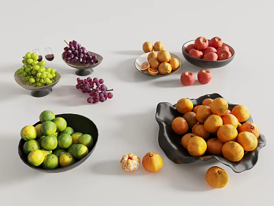 Variety Of Fresh Fruits Display With Grapes Limes Apples And Oranges 3d model