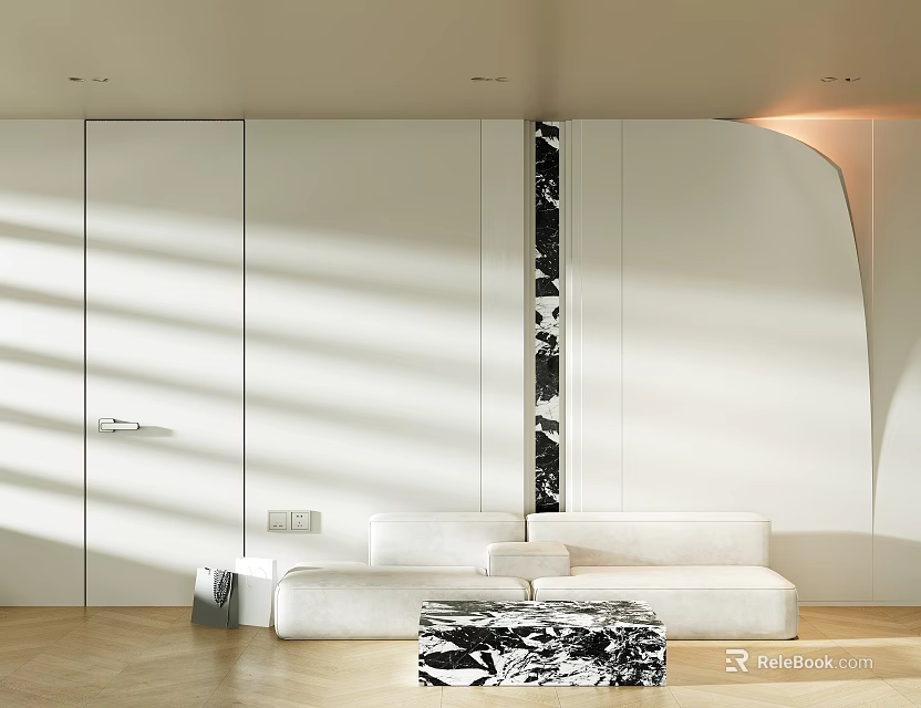 Modern Sofa Backdrop Wall With White Curved Design And Vertical Accent Strips 3d model