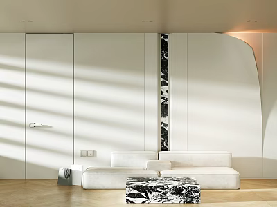 Modern Sofa Backdrop Wall With White Curved Design And Vertical Accent Strips 3d model