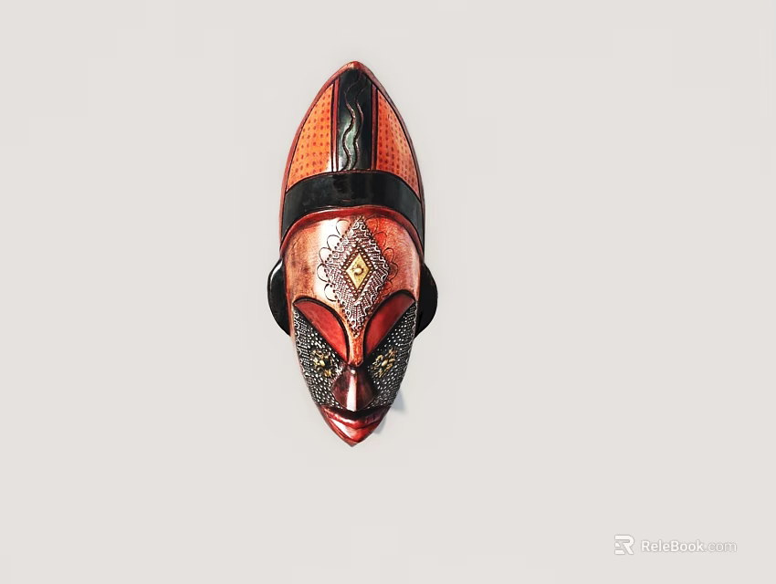 Traditional Handcrafted African Wooden Mask With Red Black Geometric Carvings And Diamond Accents 3d model 
