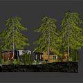 Cartoon Scene With Cozy Cabin Pine Trees Patio Furniture Rocks And Path