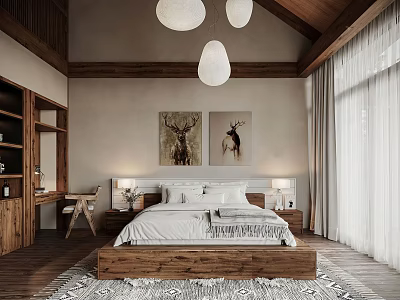 Modern Bedroom Interior Design With Wooden Bed Frame Deer Wall Art And Pendant Lights 3d model