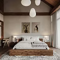 Modern Bedroom Interior Design With Wooden Bed Frame Deer Wall Art And Pendant Lights