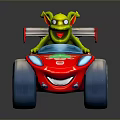 Green Animated Game Character Driving Red Racing Car With Big Wheels