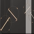 Circular Chandeliers With Golden Frames Illuminated Lines And Black White Striped Decor On Black Background