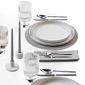 Modern Minimalist Dinnerware Set With White Plates Glass Cups Metal Cutlery And Napkins