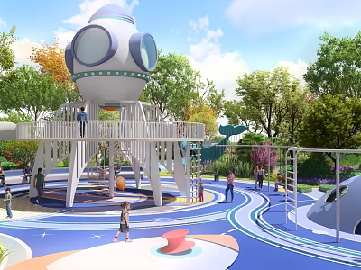 Children's Playground With Rocket Shaped Structure Slide Blue Flooring Trees And Kids Playing 3d model
