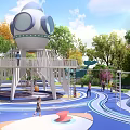 Children's Playground With Rocket Shaped Structure Slide Blue Flooring Trees And Kids Playing