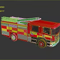 Red Fire Truck with Yellow and Red Stripes Equipped with Ladder on Top 3D Rendering