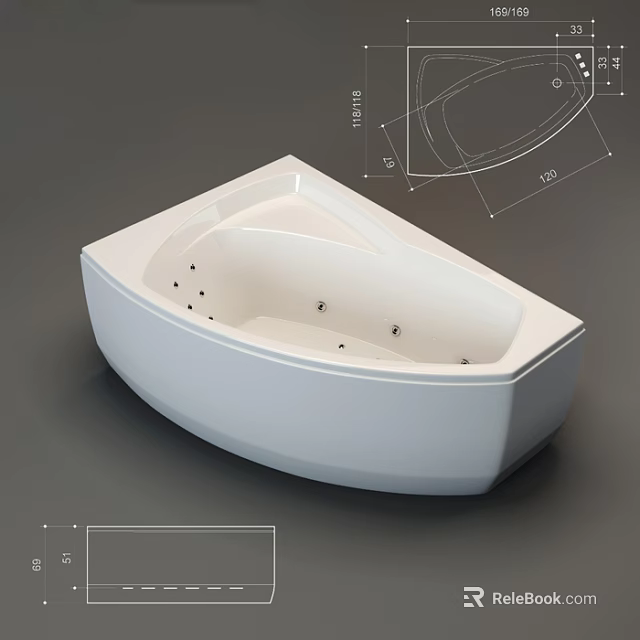Modern White Bathtub With Massage Jets And Technical Design Drawings 3d model 