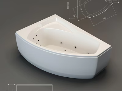Modern White Bathtub With Massage Jets And Technical Design Drawings 3d model