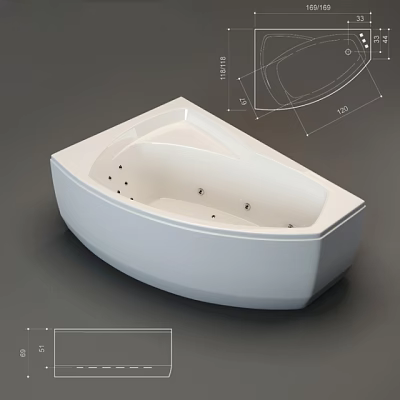 Modern White Bathtub With Massage Jets And Technical Design Drawings 3d model