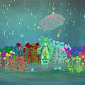 Cartoon Scene of Green Haired Character Holding Decorated Umbrella in Colorful Flower Bushes with Raindrops