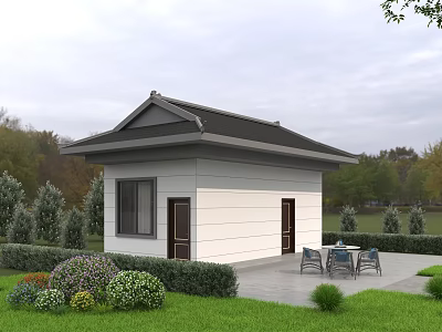 Detached Villa Exterior with Black Roof White Wall Greenery Lawn and Outdoor Seating Area 3d model
