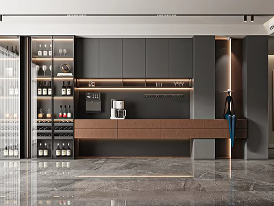 Modern Wine Cabinet Interior Design With Storage Cabinets Wine Bottles And Coffee Machine 3d model
