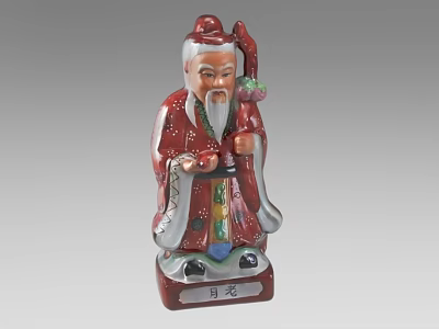 Sculpture Carving of Traditional Yue Lao Figure in Red Robe With Staff and Decorative Details 3d model