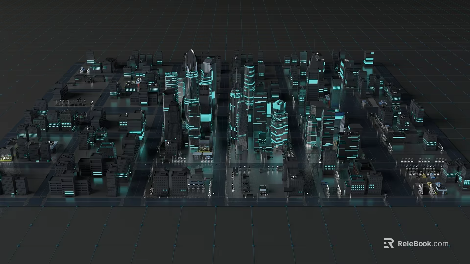Modern Urban Architectural Model Showcasing Tall Illuminated Buildings and City Design 3d model 