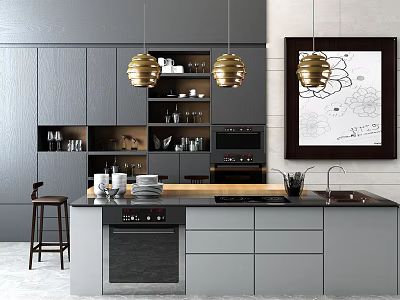 Modern Kitchen With Gray Cabinets Island Counter Gold Pendant Lights And Wall Art 3d model