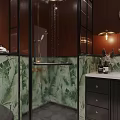 Modern Bathroom Interior With Green Tiled Walls Glass Partition And Decorative Sculpture