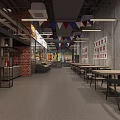 Two Story Restaurant Interior With Wing Shaped Lighting Concrete Walls Red Brick Accents And Tables